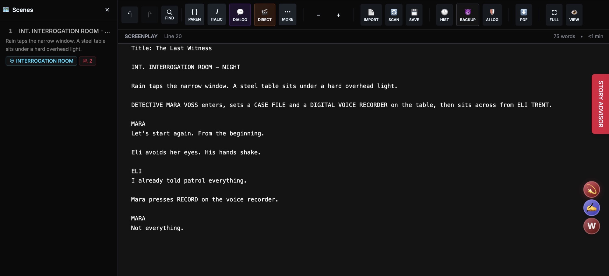 Screenplay workspace showing the active script in Wryda