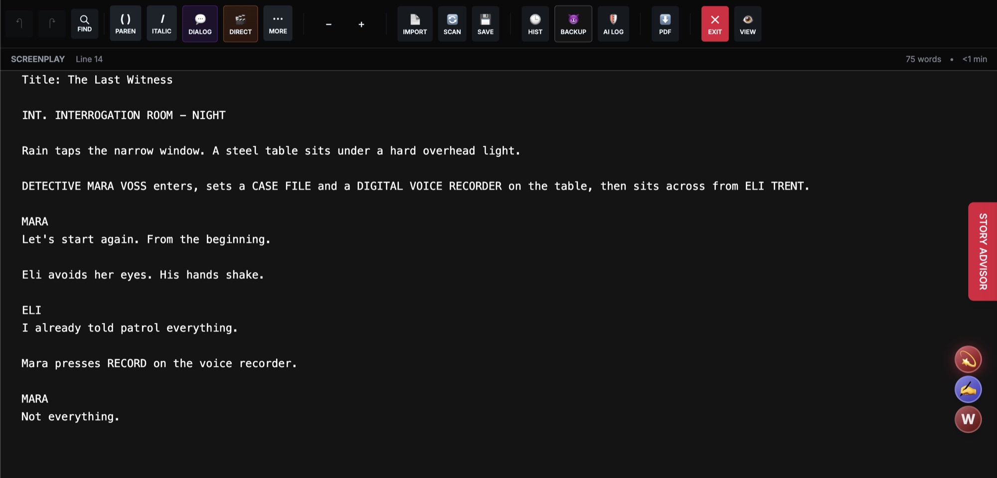 Script context showing interrogation room scene heading and character mentions