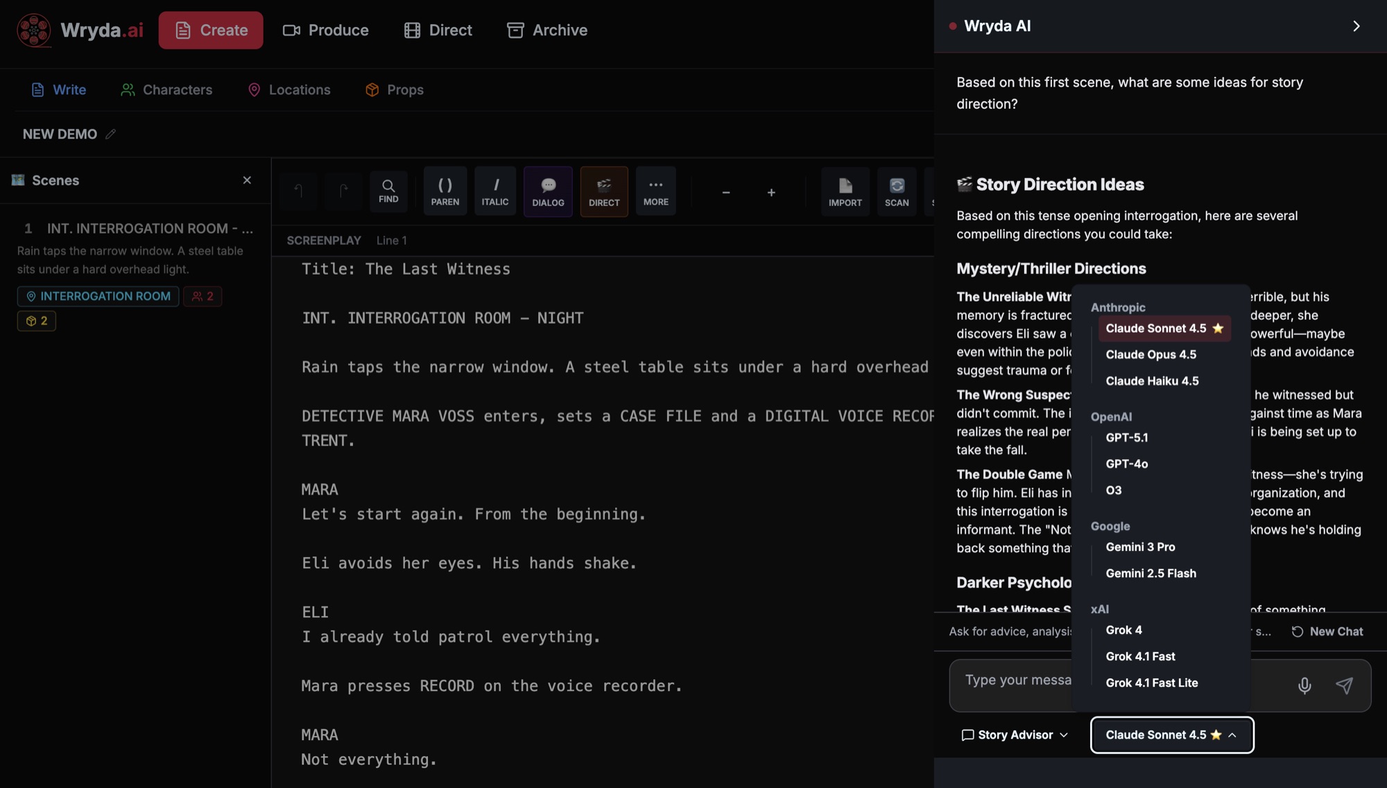 Story advisor style AI agent response shown alongside screenplay context