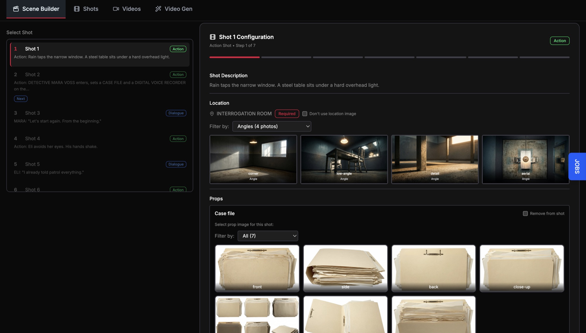 Scene Builder view showing shot sequence and planning context