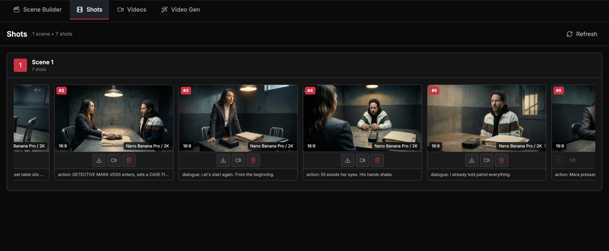 Shot Board view showing shot variants and continuity planning